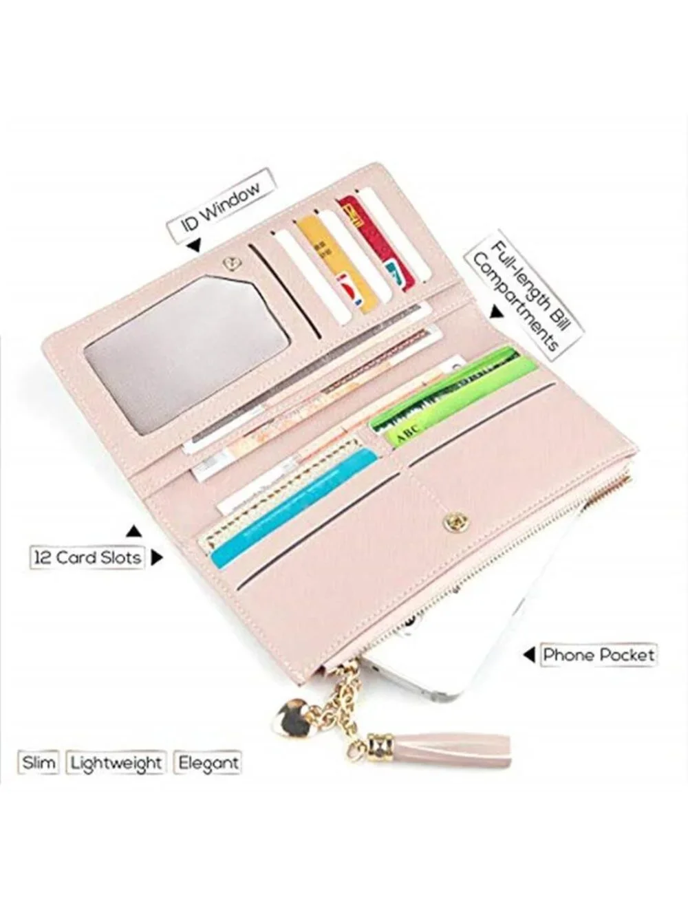 Womens Slim Bifold Wallet Large Capacity Card Holder Zip Phone Clutch Organizer